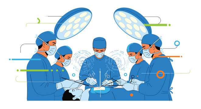 Team of specialized surgeons in blue scrubs and face masks work together carefully under bright lights to perform a complex surgery.