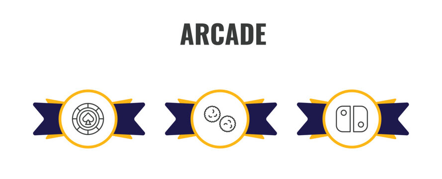 arcade outline icon set. thin line poker chip, pom pom, switch icons. editable vector