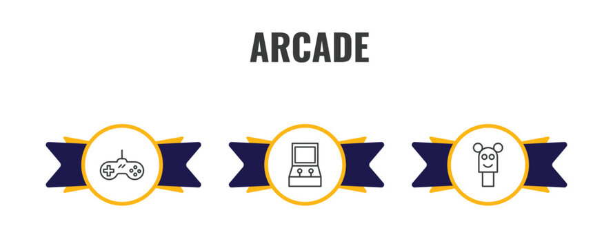 arcade outline icon set. thin line super, game hine, puppet show icons. editable vector