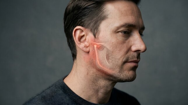 Side Profile Of Man With Temporomandibular Joint Pain And Jaw Anatomy Overlay