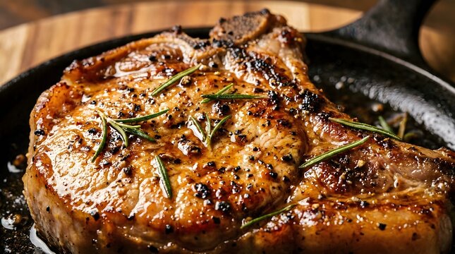 Juicy grilled pork chop with fresh rosemary sprigs in black iron skillet.