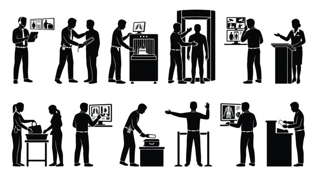 Large set of silhouettes of airport security personnel and passengers at checkpoint including x-ray screening metal detection bag inspection and surveillance monitoring isolated on white background