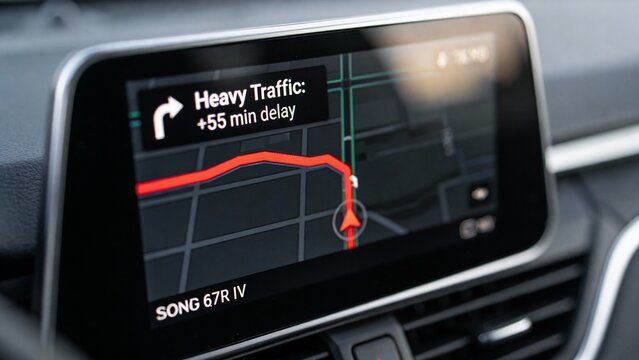 The navigation screen displays a bright red line indicating heavy traffic, warning of a significant delay. Drivers are caught in the rush hour, seeking alternative routes.