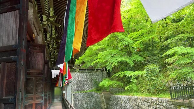 Traditional multicolored goshikimaku banners hang under the eaves of Eikan-do Temple in Kyoto. The historic Japanese Buddhist temple is surrounded by fresh green spring trees.