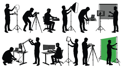 Naklejka premium Set of silhouettes of a professional male content creator, videographer, and photographer working with camera, lighting, green screen, microphone, and production equipment on a white background.