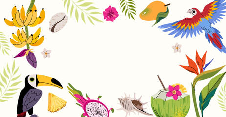 Jungle frame in cartoon retro style. Bright summer elements. Exotic tropical leaves, wild animals, birds, parrot, jungle plants, palm trees and fruits. Trendy doodle minimalist printable flat poster © Unaanya