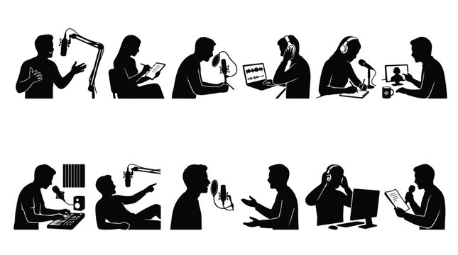 set of silhouettes of people podcasting recording music interviewing and editing audio on white background collection of radio broadcasters content creators and sound engineers working icons