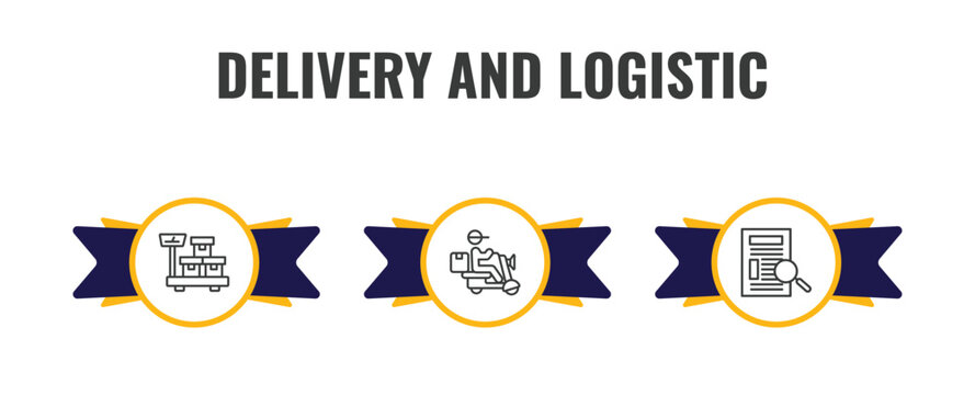 delivery and logistic outline icon set. thin line delivery weighing, delivery by motorcycle, waybill icons. editable vector