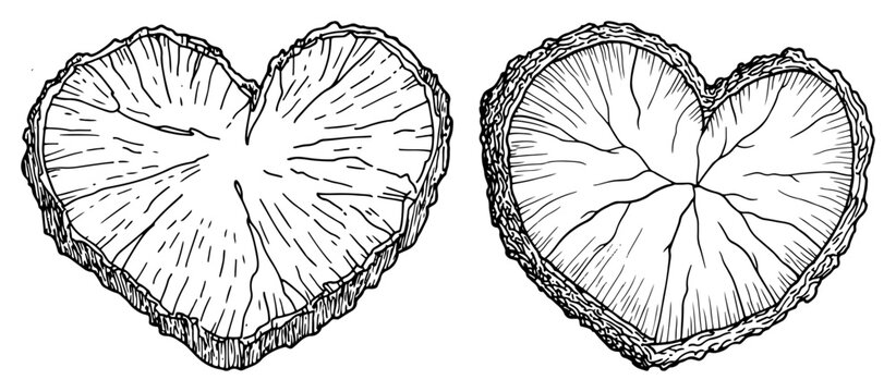 heart shaped wood slices showing annual rings and bark in vintage engraving style