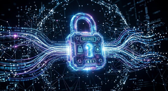 Cyber security and data protection concept with digital padlock and glowing binary code background.
