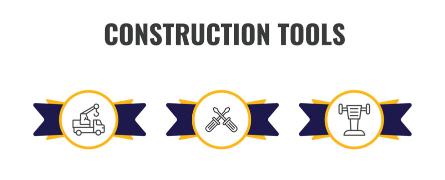 construction tools outline icon set. thin line truck with crane, screwdrivers, rammer icons. editable vector