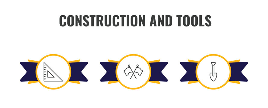 construction and tools outline icon set. thin line angle ruler, flags crossed, spade icons. editable vector