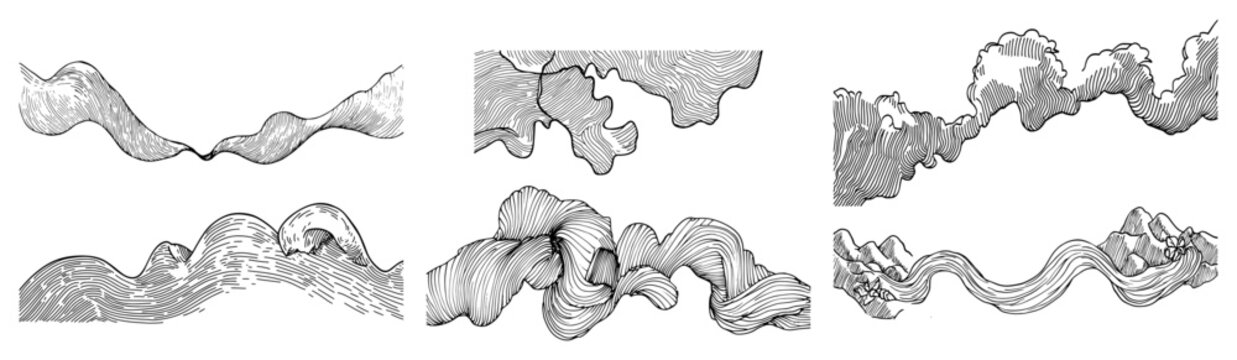 Abstract fluid shapes and cloud elements collection in decorative line art style