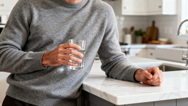 A man stands in a quaint kitchen, casually holding a glass of water while enjoying a peaceful moment. Soft light streams in, creating a cozy, welcoming atmosphere.