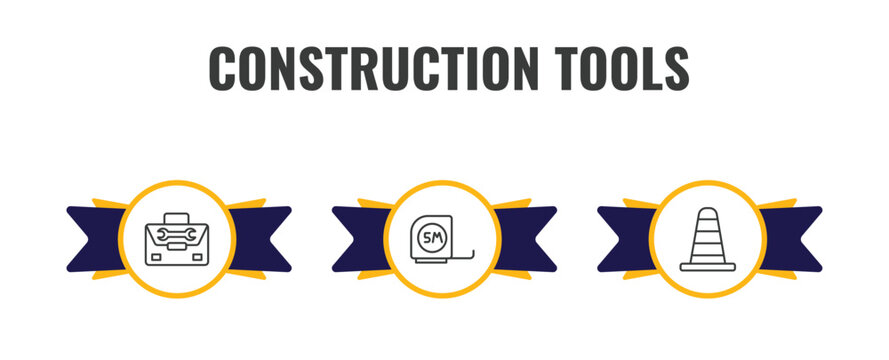 construction tools outline icon set. thin line tool bag, five meters ruler, road construction icons. editable vector