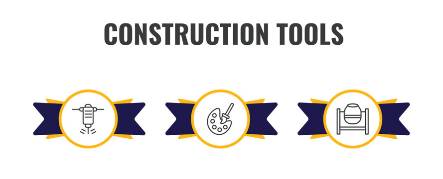 construction tools outline icon set. thin line hydraulic breaker, pallete, cement mixers icons. editable vector