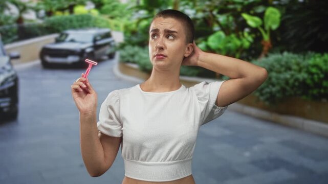 Woman with shaved short hair holding a pink disposable razor, hand to head touching scalp, wearing white crop top on a residential street with parked cars and lush greenery; uncertainty.
