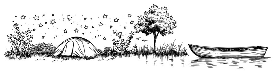 Camping tent and boat by lake under starry night sky in hand drawn sketch style © Kaz