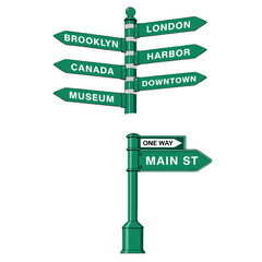 Fototapeta premium Modern green street sign vector illustration with directional arrows,