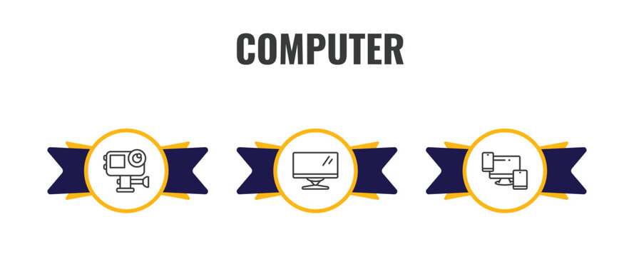 computer outline icon set. thin line action camera, computer monitor, responsive de icons. editable vector
