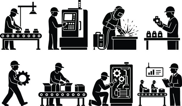 Manufacturing Factory Worker Silhouette Vector Icons | Industrial Occupation Glyph Pack