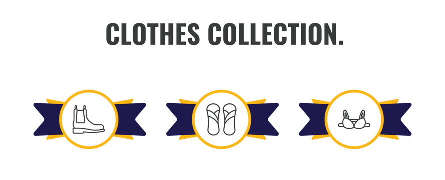 clothes collection. outline icon set. thin line leather chelsea boots, sandals, bra icons. editable vector