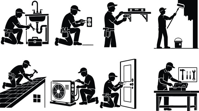 Home Repair Handyman Silhouette Vector Icons | Construction Worker Glyph Pack
