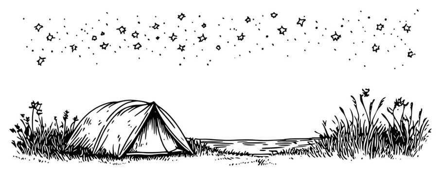 Tourist tent set up in meadow under starry night sky in vintage engraving style