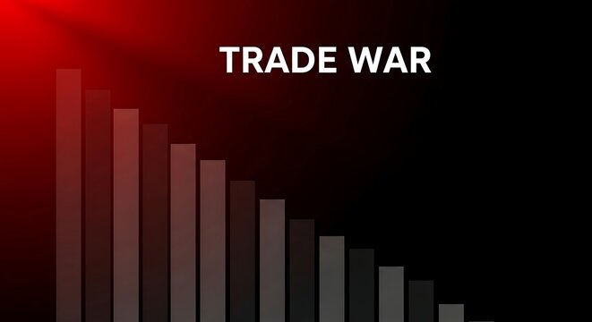Red gradient over descending bar chart with "TRADE WAR" text