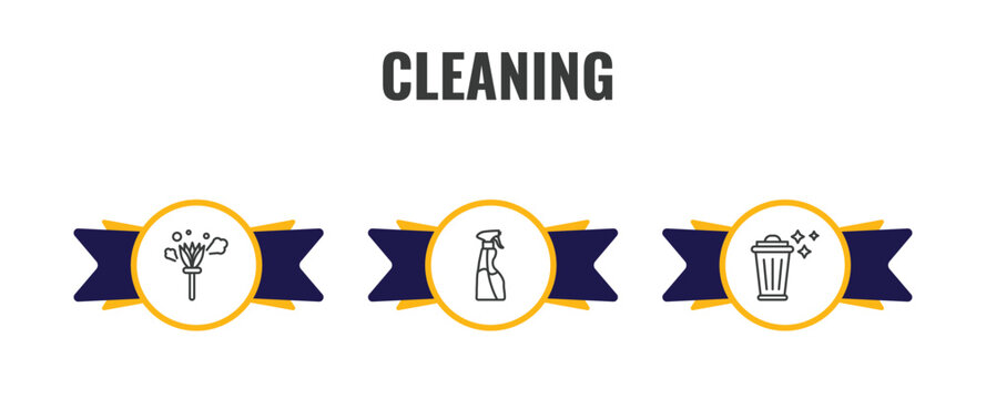 cleaning outline icon set. thin line feather duster, cleaning spray, trash cleanin icons. editable vector