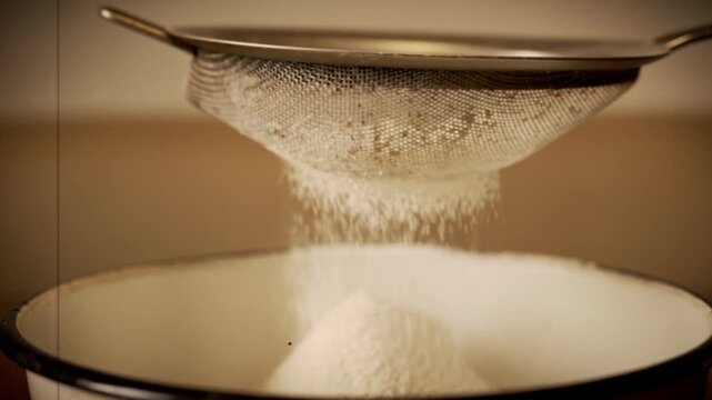 White wheat flour falls through a fine metal mesh sieve into a white enamel bowl during home baking. Concept of ingredient preparation, homemade baking, and culinary precision.
