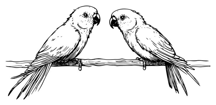 Couple of parrots sitting on a wooden branch in hand drawn engraving style