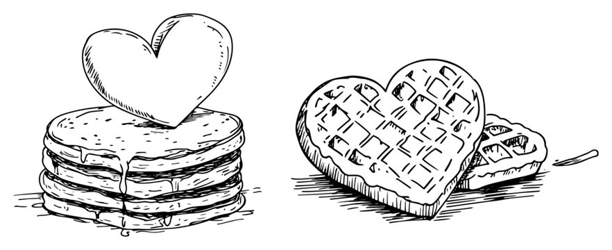 Pancakes stack with heart topper and heart-shaped waffles in hand drawn sketch style