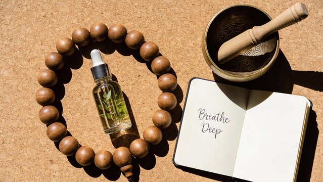 A serene setup showcases a calming essential oil, meditation beads, a small bowl for grounding, and a notebook inviting deep breathing. Natural light enhances this tranquil scene.