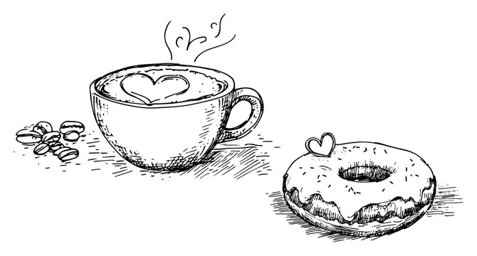 Coffee cup with heart latte art and glazed donut in hand drawn sketch style