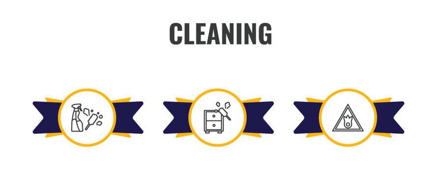 cleaning outline icon set. thin line cleaning tools, dusting, oxidizing agent icons. editable vector