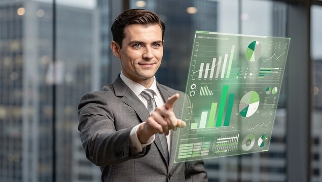 Professional businessman in grey suit pointing at glowing green business analytics dashboard with bar charts and pie graphs floating as hologram, modern glass office background.
