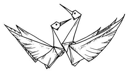 Obraz premium Origami paper cranes facing each other as a symbol of peace in hand drawn sketch style