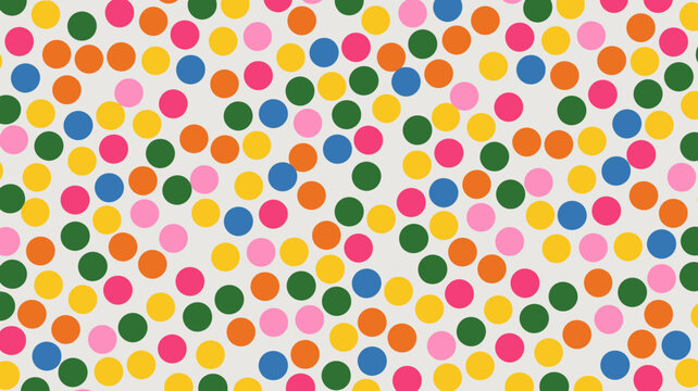Colorful polka dot pattern with scattered circles in shades of pink green yellow and blue