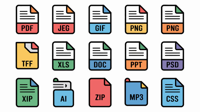 collection of colorful file format icons on a white background representing various document types