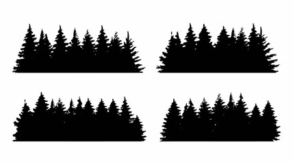 Black and white coniferous forest silhouettes set of four isolated tree line shapes on a white background © Digishopppp