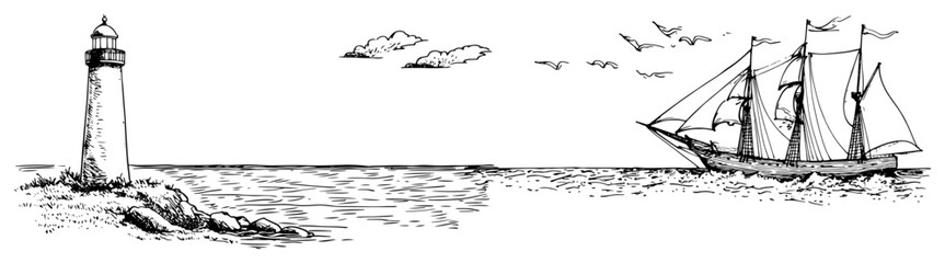 Seascape with lighthouse and sailing ship on the horizon in hand drawn sketch style © Kaz