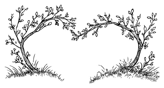 Two trees bending to form a heart shape in vintage line art style