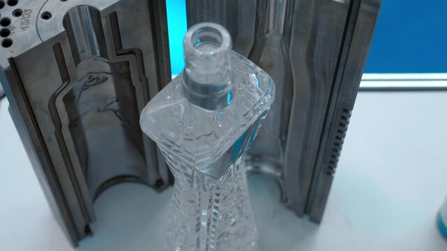 The structure inside of glass bottle blow mold. Closeup. Shot in motion