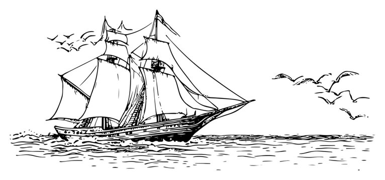 Vintage sailing ship navigating ocean waves with seagulls in hand drawn engraving style