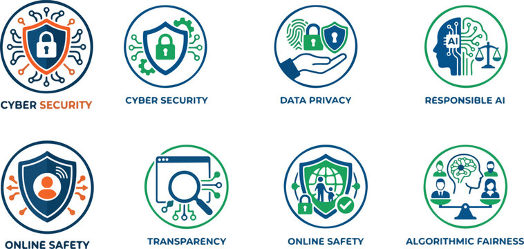 Digital ethics and AI governance icon set. Professional symbols for cyber security, data privacy, responsible artificial intelligence, transparency, and online safety.