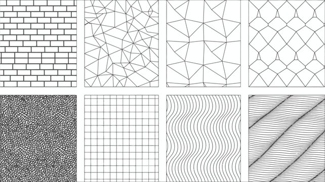 Eight geometric line patterns on a white background including brick grid and wave designs