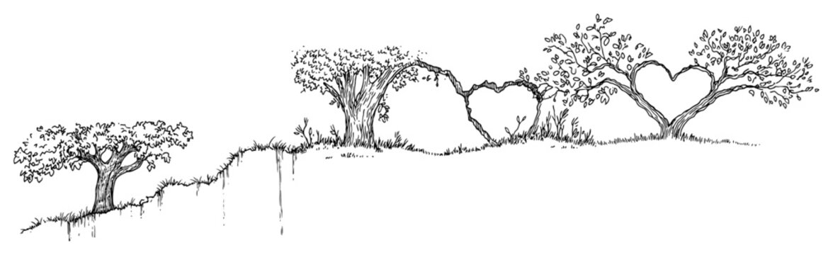 Trees with heart shaped branches on a hill in vintage engraving style