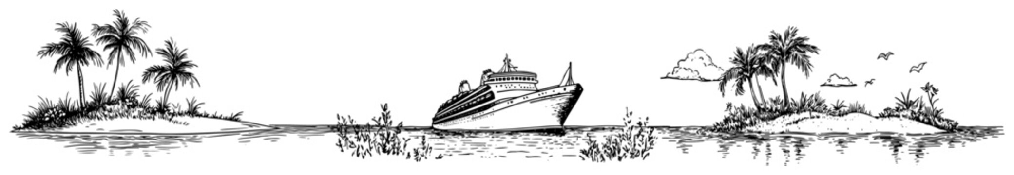 Cruise ship sailing between tropical islands with palm trees in vintage sketchy style