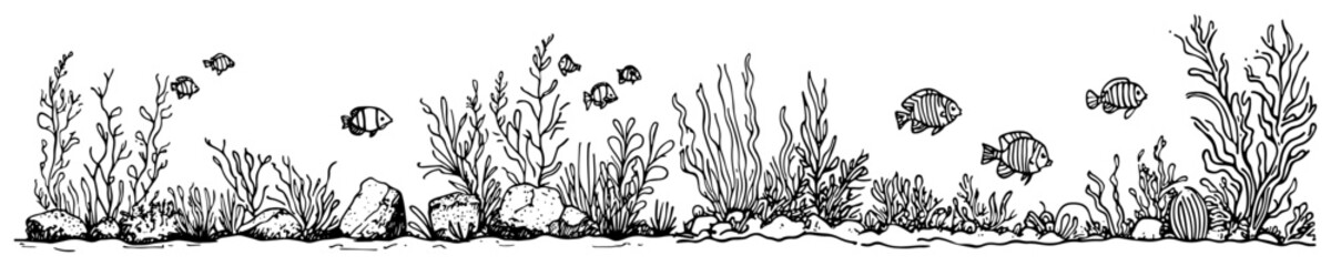 Fish swimming through seaweed and coral reef in hand drawn line art style © Kaz